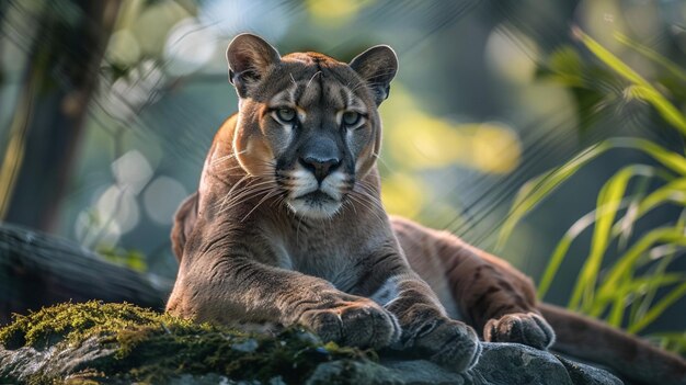 a tiger cub is laying on a rock in the forest