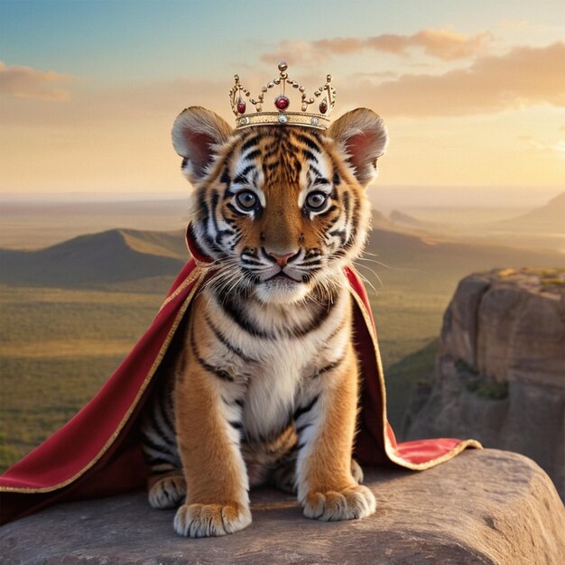 a tiger cub is on a rock with a red cape