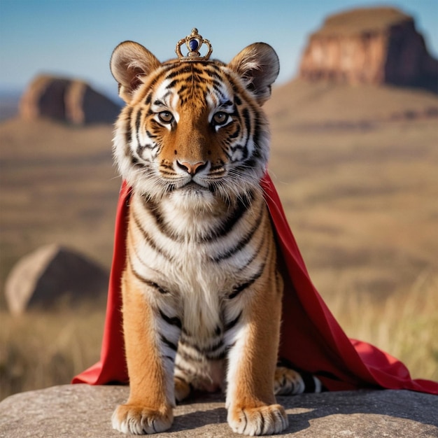 a tiger cub is on a rock with a red cape