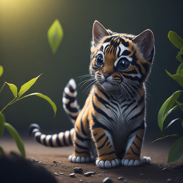 A tiger cub is standing in the dirt and the grass is looking at the camera.