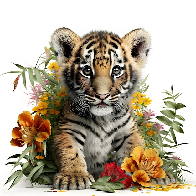 A tiger cub is surrounded by flowers and a white background.