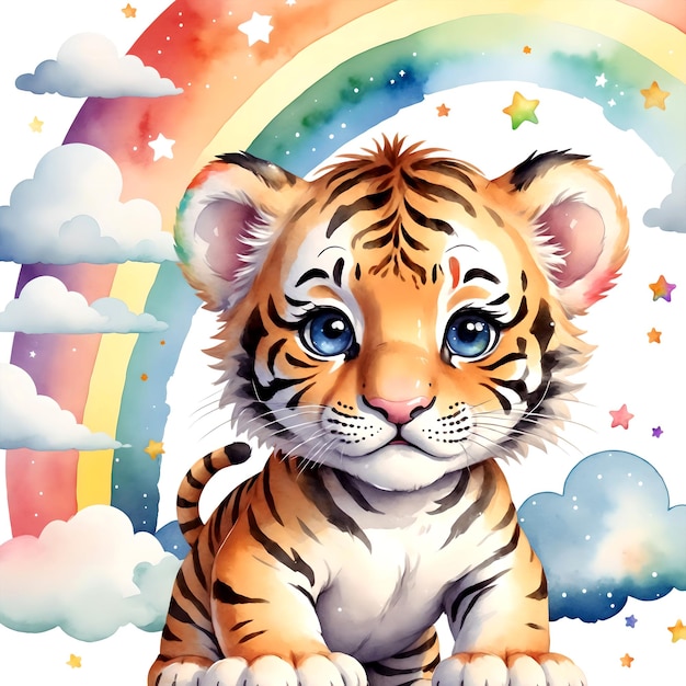 Photo tiger cub on a rainbow with stars and clouds