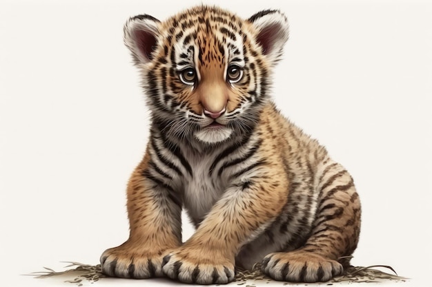 Tiger cub that is two months old sitting on a white background