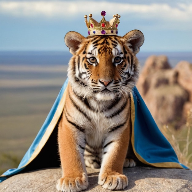 a tiger cub wearing a crown sits on a rock