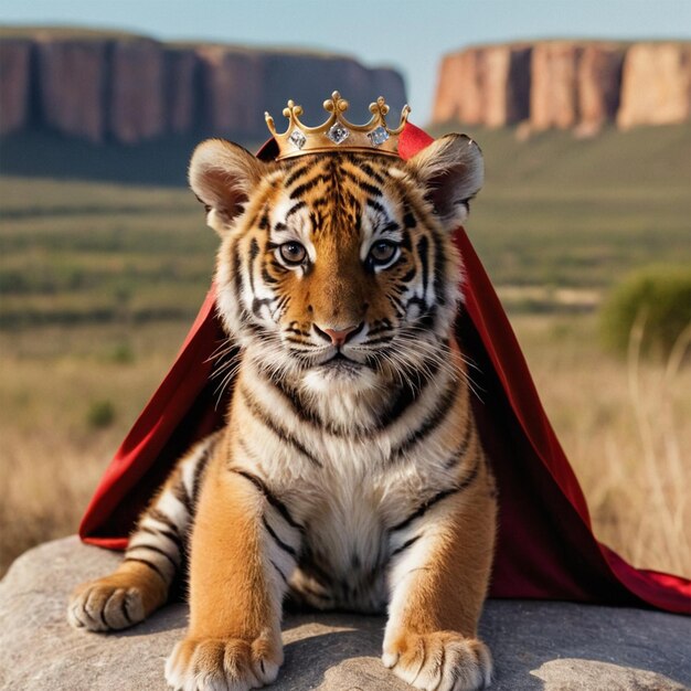 a tiger cub wearing a crown sits on a rock