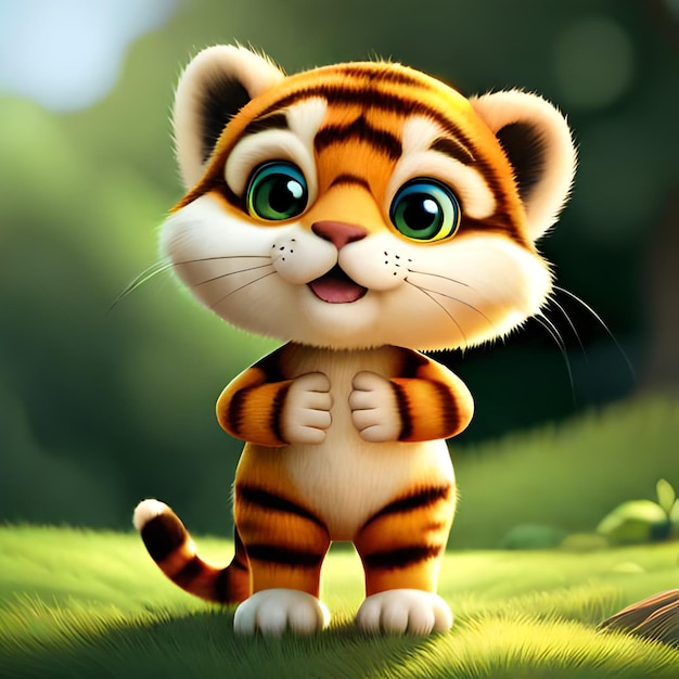 A tiger cub with big eyes stands on a green field.