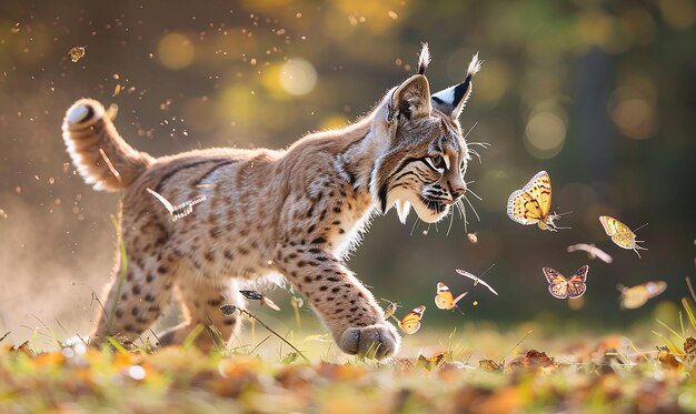 a tiger cub with butterflies in the background