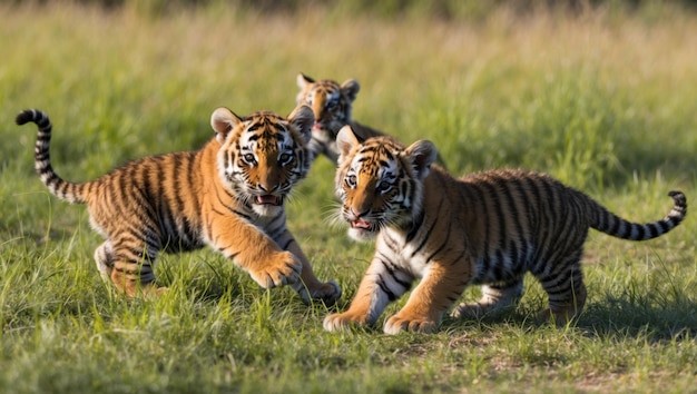 Photo tiger cubs playfully interact in sunlit clearing with vibrant shiny fur