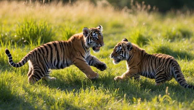 Tiger cubs playfully interact in sunlit clearing with vibrant shiny fur