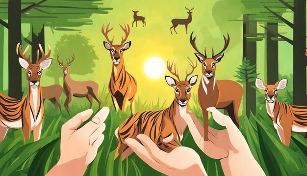 Tiger and deer on forest background