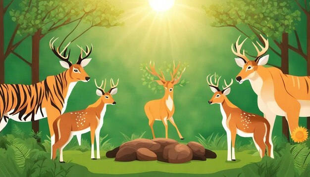 Tiger and deer on forest background