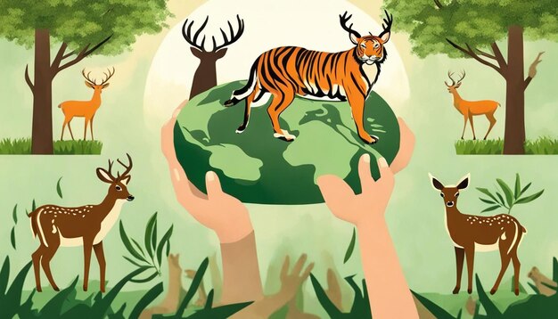 Photo tiger and deer on forest background