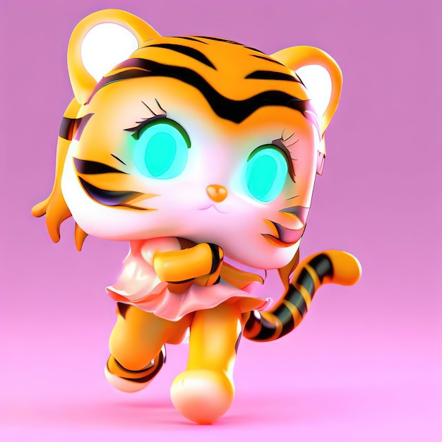 A tiger doll with blue eyes is running on a pink background.