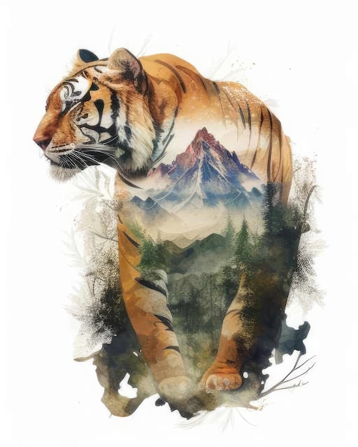 Photo tiger double exposure of a tiger and nature mountains trees in watercolor art