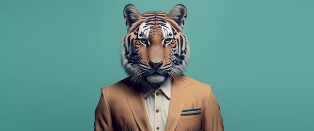 Tiger dressed in a formal business suit with a pastel background anthropomorphic businessman Generative AI