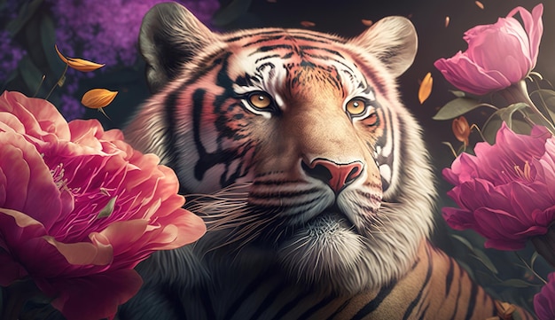 A tiger in a flower garden