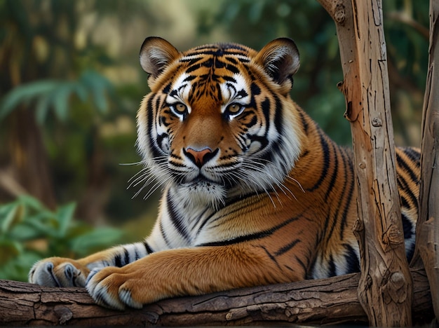 Tiger In Forest Siting On Branch