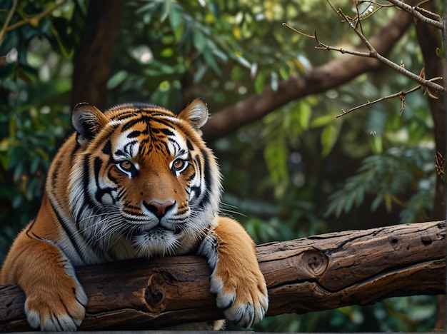 Tiger In Forest Siting On Branch