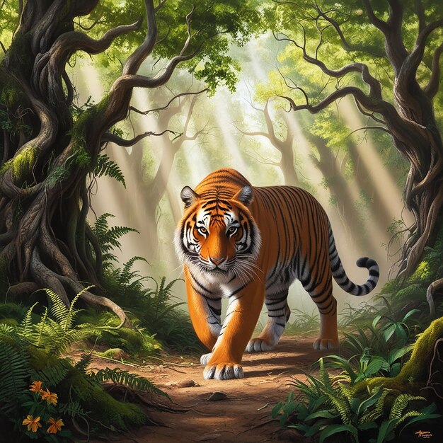 Photo tiger in the forest wildlife scene from nature