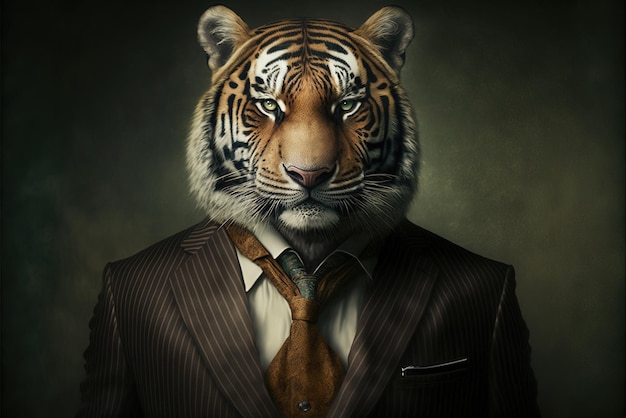 Tiger in formal black suit Humanized animals personable appearance luxurious tie phone wallpapers official style high resolution illustrations art AI