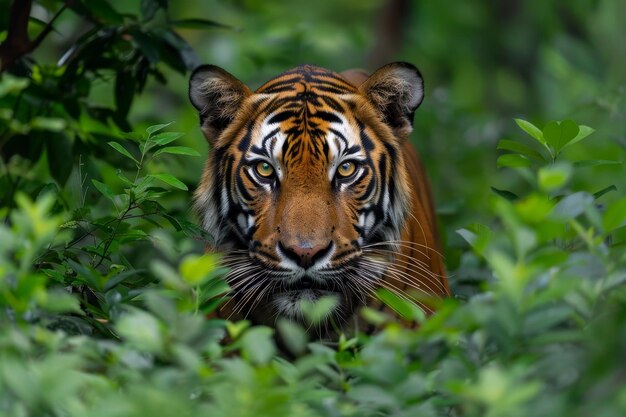 A tiger gracefully moving through the dense foliage of a vibrant green forest A tiger prowling through the underbrush