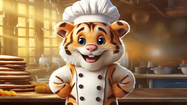 tiger happy baker with chef's hat and apron