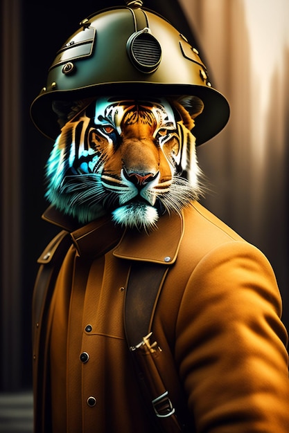 A tiger in a hat with a light on it