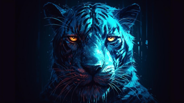 Tiger head with blue neon light Abstract backgroundgenerative ai