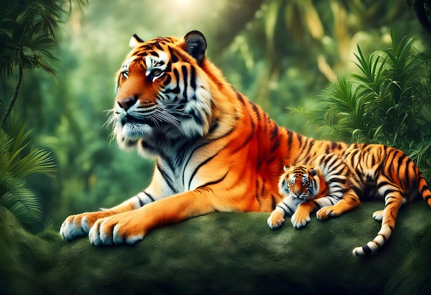 a tiger and her cub are in the jungle