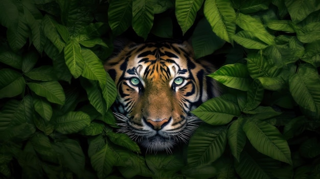 tiger hidden in the green leaf