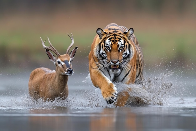 Photo tiger hunting a deer high quality wild life photography