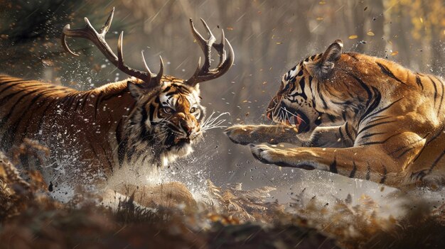 Photo tiger hunting deer in the wild ai generative