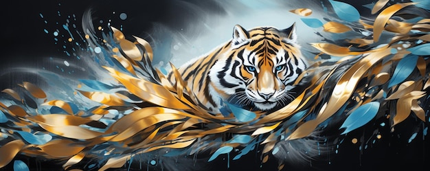 tiger illustration on marble background with golden splashes background wallpaper