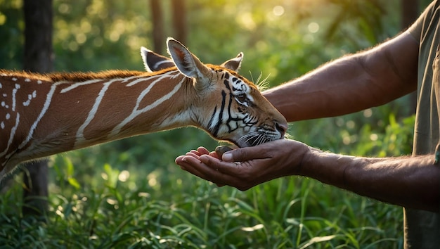 Photo a tiger is being fed by a person with a tiger on their hand