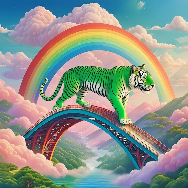 Photo a tiger is on a bridge and has a rainbow in the sky