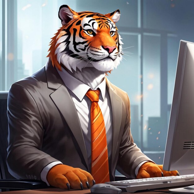 a tiger is on a computer and the man is wearing a suit and tie