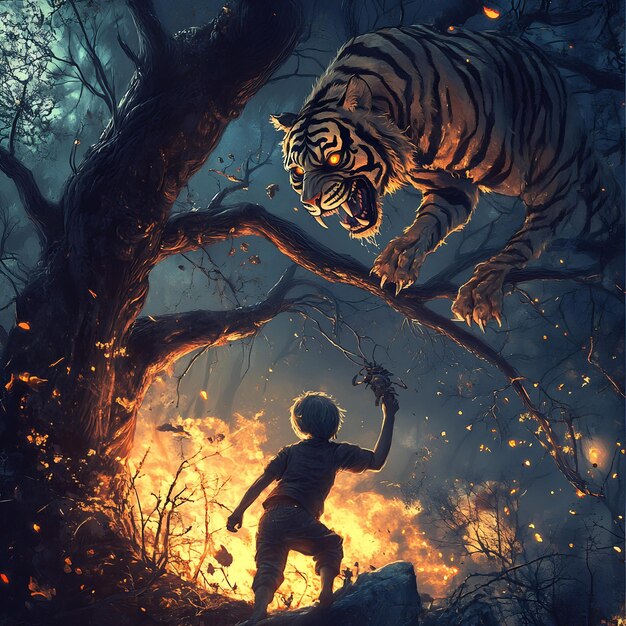 A tiger is in the fire with a tiger on the back