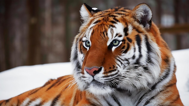 Photo a tiger is laying down in the snow