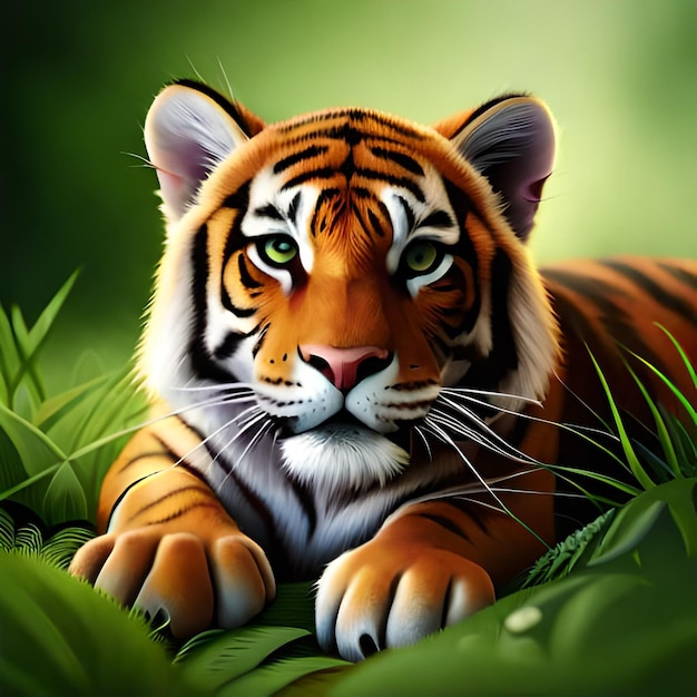 A tiger is laying in the grass and the background is green.