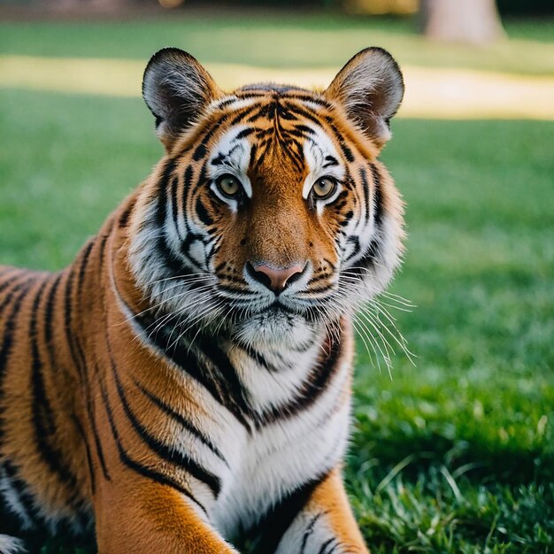 Photo a tiger is laying in the grass and looking at the camera