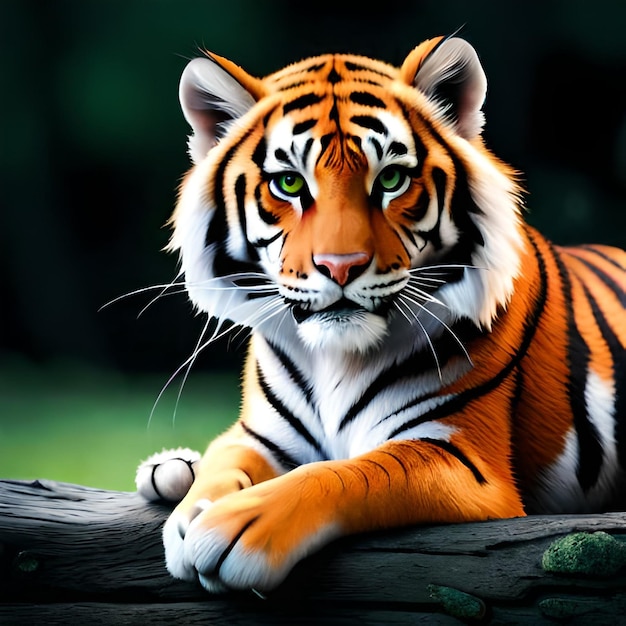 A tiger is laying on a log with a dark background.