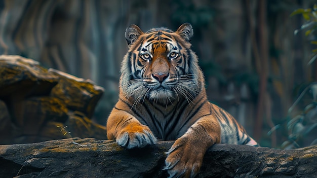 a tiger is laying on a rock in front of a forest