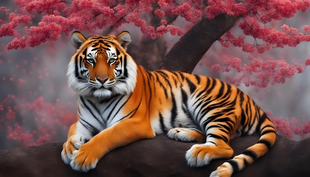 a tiger is laying on a rock in front of a tree