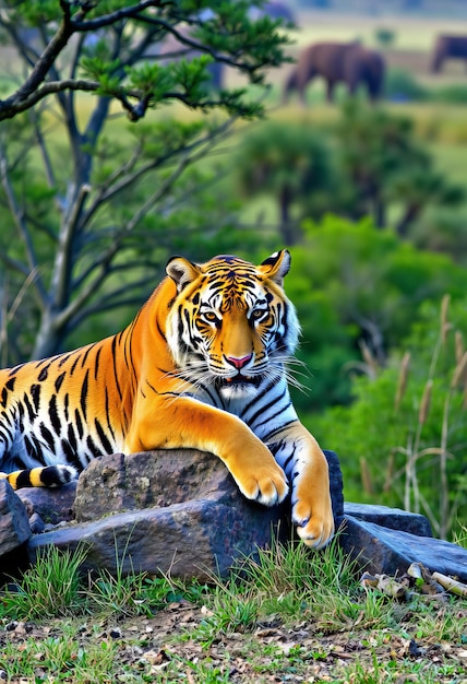 a tiger is laying on a rock in the grass