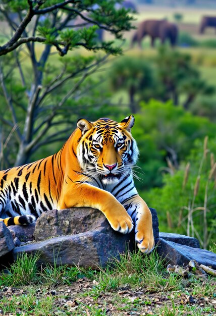 Photo a tiger is laying on a rock in the grass