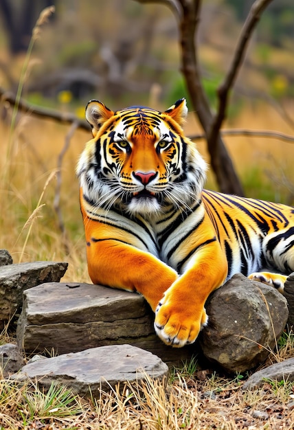 a tiger is laying on some rocks in the grass