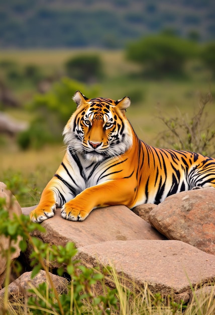 a tiger is laying on some rocks in the grass