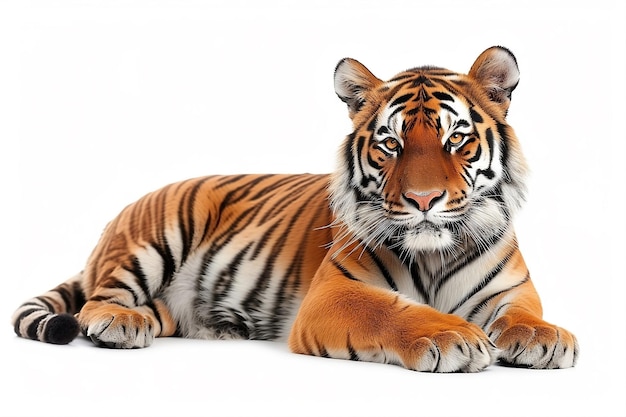 a tiger is laying on a white background with a white background