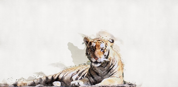 The tiger is lying on a wood log. Watercolor painting.