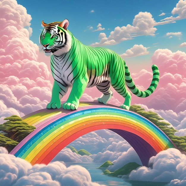 Photo a tiger is on a rainbow with a rainbow in the background